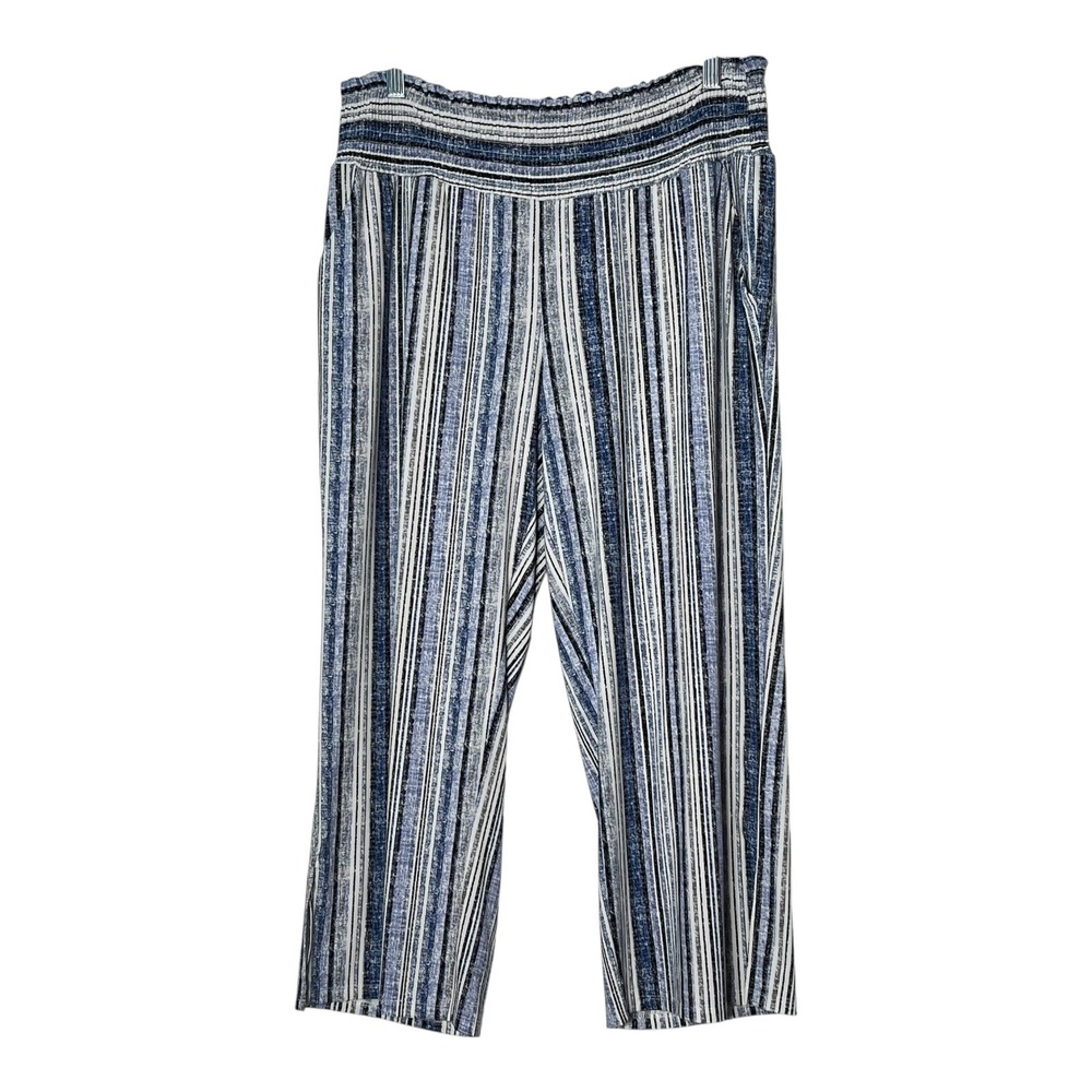 Robert Louis Womens Blue Striped Smocked Waist Wide Leg Relaxed Pants Large